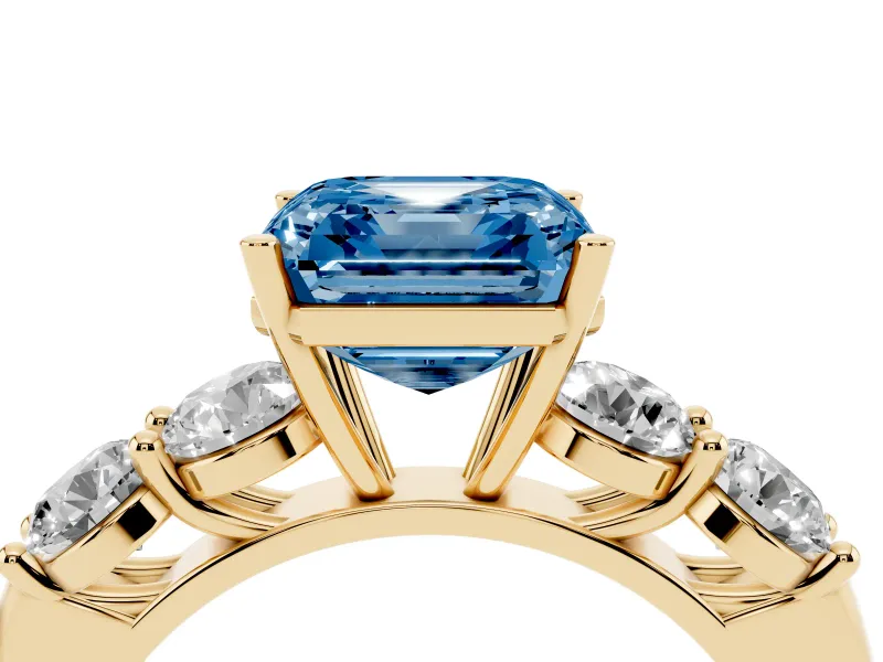 Asscher Cut Five Stone Engagement Ring Setting for a Fancy Blue Lab-Grown Diamond | Prong Set Side Stones | Yellow Gold