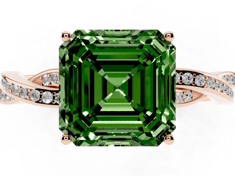 Fancy Green Asscher Cut Diamond Solitaire Twisted Pavé Ring Set in Rose gold with Prong Setting