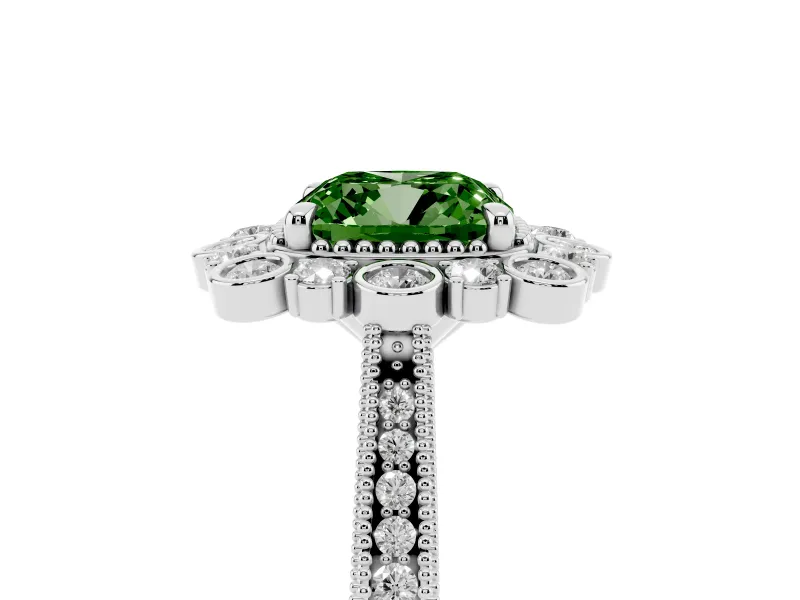 Cushion Cut Scalloped Halo Engagement Ring Setting for a Fancy Green Lab-Grown Diamond | Milgrain Edges | Platinum