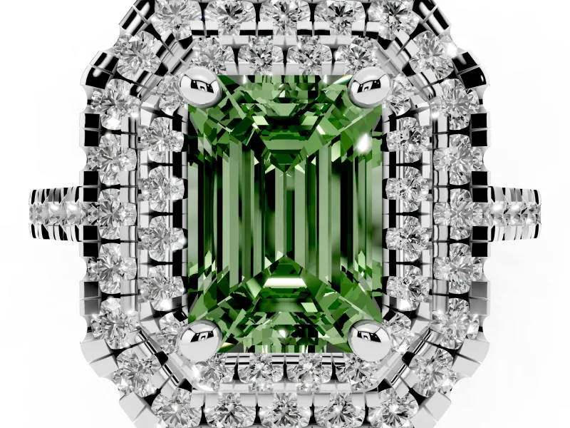 Fancy Green Emerald Cut Diamond Double Halo Statement Ring Set in Silver with Pavé Band