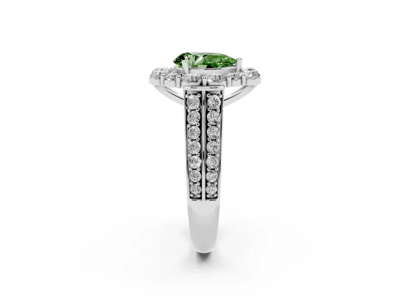 Fancy Green Pear Cut Diamond Halo Engagement Ring Set in White gold with Split Shank and Prong Setting