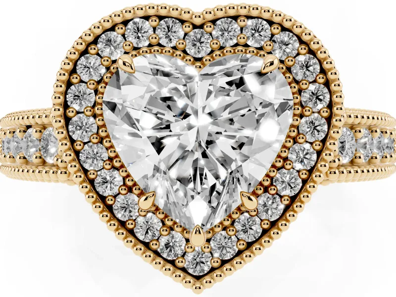 Heart Cut Diamond Halo Ring Set in Yellow gold with Round Accent Halo, Pavé Band and Prong Setting