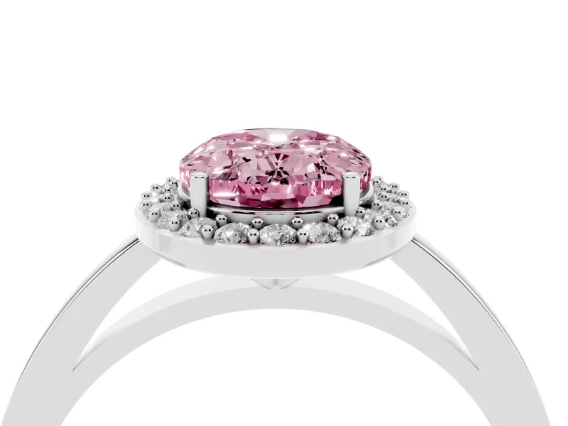 Fancy Pink Oval Cut Diamond Halo Ring Set in Silver with Solitaire Band and Prong Setting