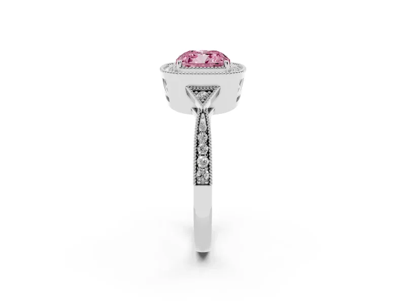 Fancy Pink Cushion Cut Diamond Halo Engagement Ring Set in Platinum with Milgrain Pavé Band