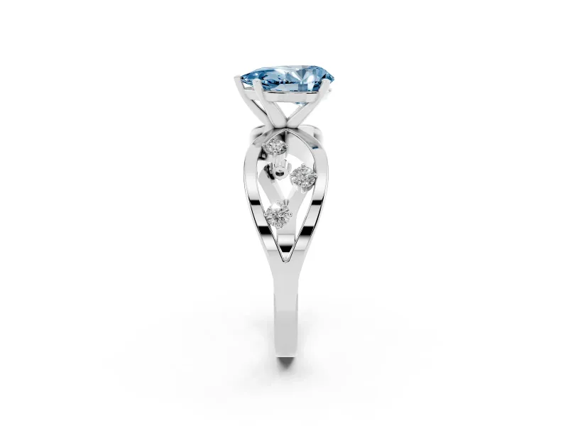 Fancy Blue Pear Cut Diamond Solitaire Ring Set in Platinum with Side Stones on Criss-Cross Band and Prong Setting