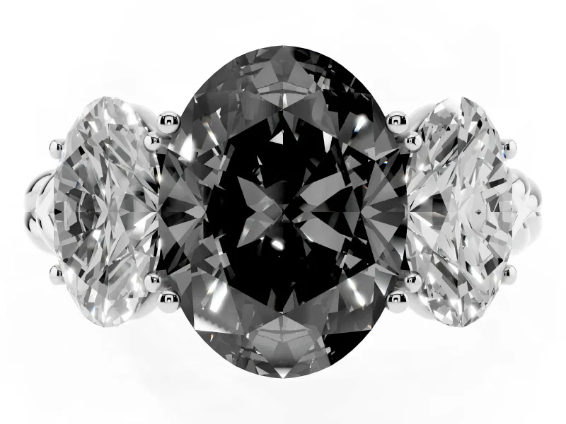 Fancy Black Oval Cut Diamond Three-Stone Ring Set in White gold with Braided Band