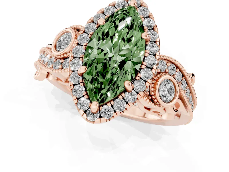 Marquise Vintage Halo Engagement Ring Setting for a Fancy Green Lab-Grown Diamond | Bezel Shoulder Accents | Rose Gold