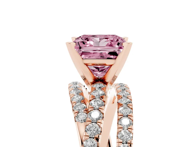 Fancy Pink Princess Cut Diamond Solitaire Twist Band Ring Set in Rose gold with Pavé Setting and Prong Head