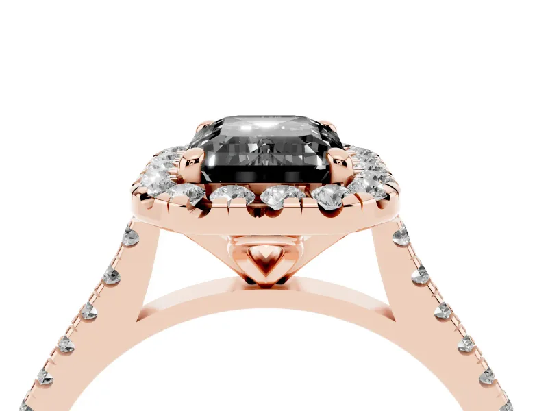 Emerald Cut Halo Engagement Ring Setting for a Black Center | Tapered Band | Rose Gold