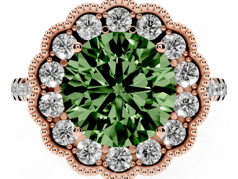 Fancy Green Round Cut Diamond Milgrain Floral Halo Engagement Ring Set in Rose gold with Pavé Band