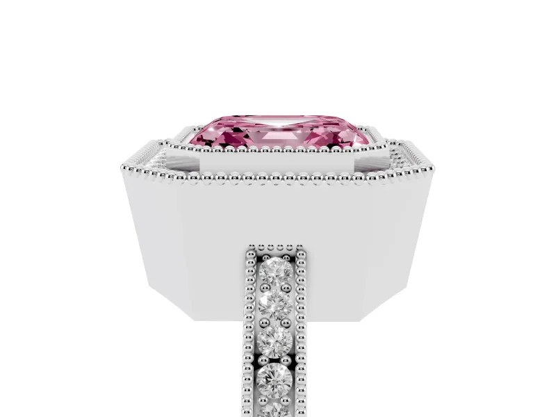 Fancy Pink Asscher Cut Diamond Halo Ring Set in Platinum with Pavé Band and Milgrain-Edged Prongs