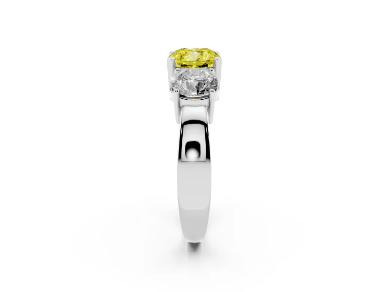 Cushion Cut Three Stone Engagement Ring Setting for a Fancy Yellow Lab-Grown Diamond | Wide Plain Band | Platinum