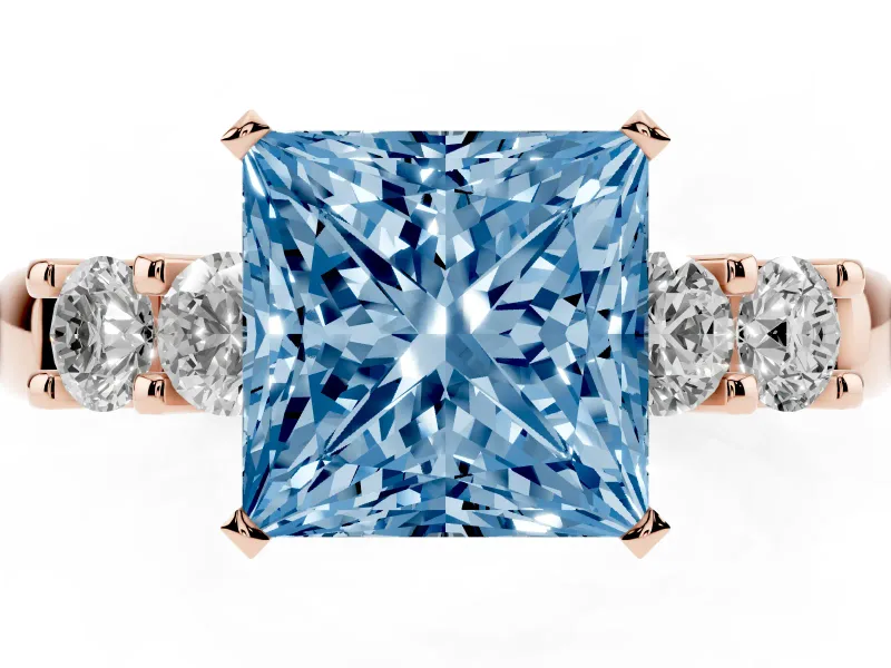 Fancy Blue Princess Cut Diamond Five-Stone Prong Set Engagement Ring Set in Rose gold with Channel Band