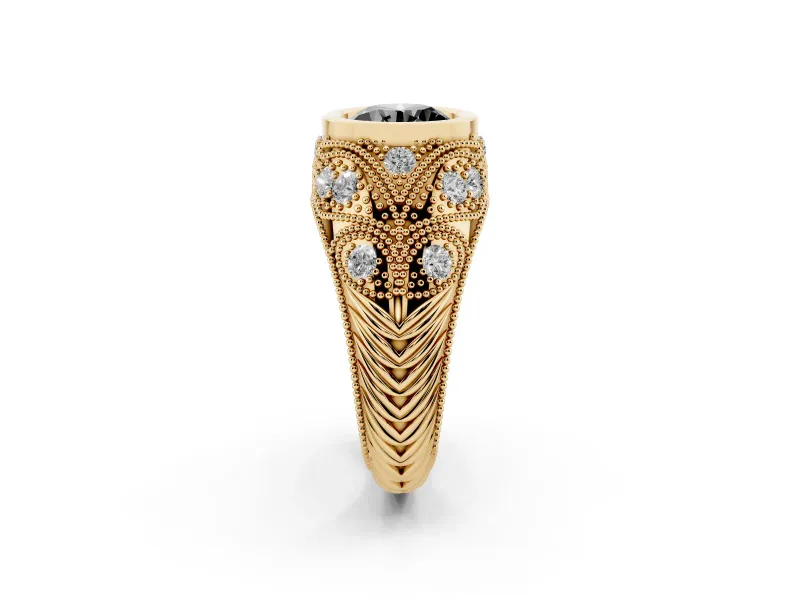 Round Vintage Bezel Engagement Ring Setting for a Black Center | Milgrain Band | Yellow Gold