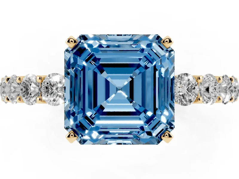 Fancy Blue Asscher Cut Diamond Solitaire Ring Set in Yellow gold with Shared Prong Pavé Band