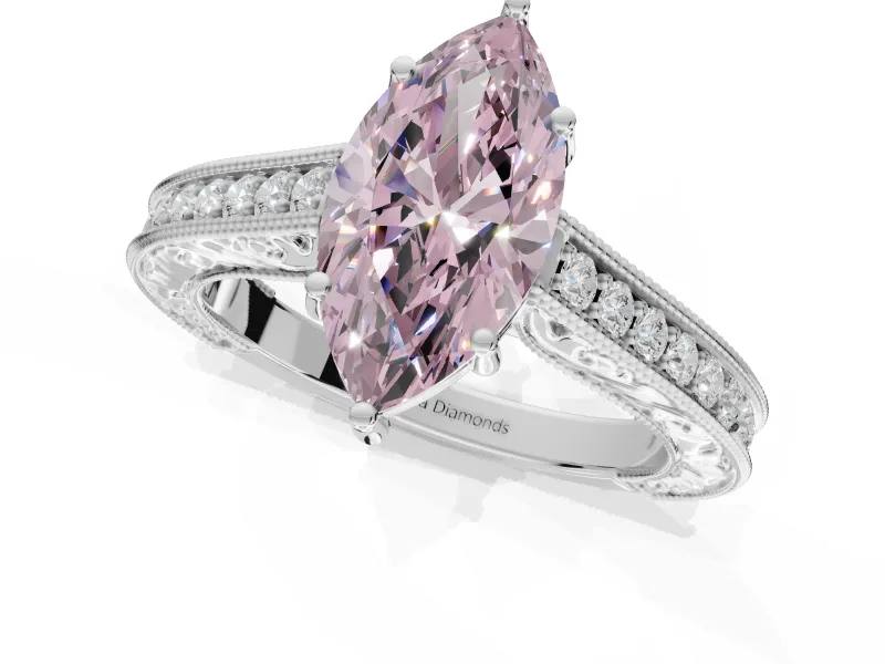 Marquise Vintage Engraved Pavé Engagement Ring Setting for a Fancy Pink Lab-Grown Diamond | Milgrain Edges | Platinum