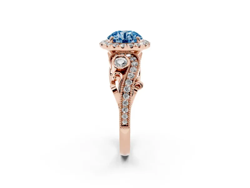 Round Vintage Halo Engagement Ring Setting for a Fancy Blue Lab-Grown Diamond | Rose Gold