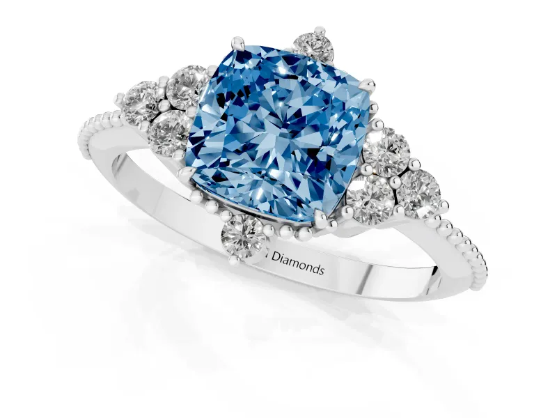 Cushion Cut Cluster Engagement Ring Setting for a Fancy Blue Lab-Grown Diamond | Platinum