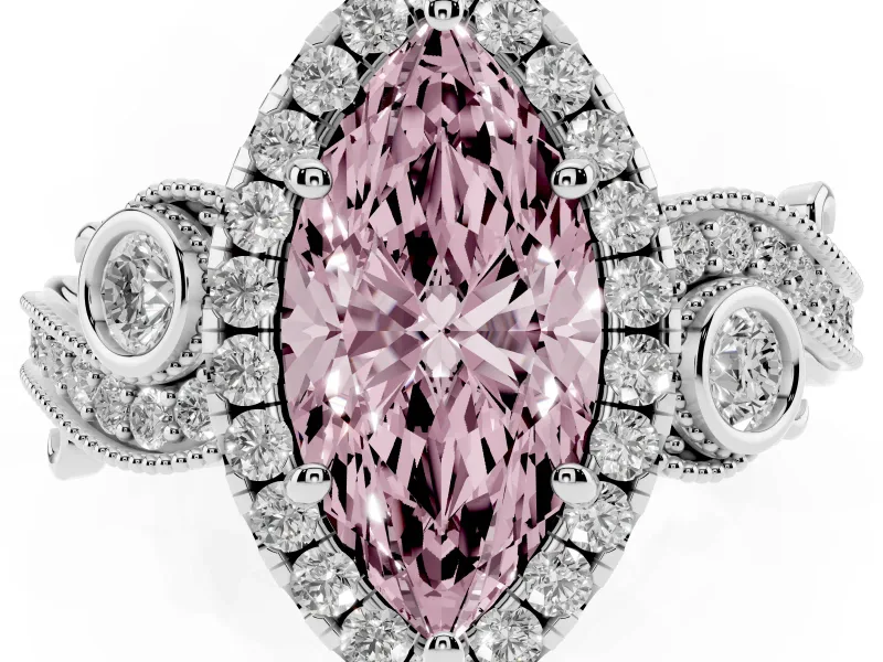 Fancy Pink Marquise Cut Diamond Halo Ring Set in Platinum with Milgrain Pavé Band and Prong Setting
