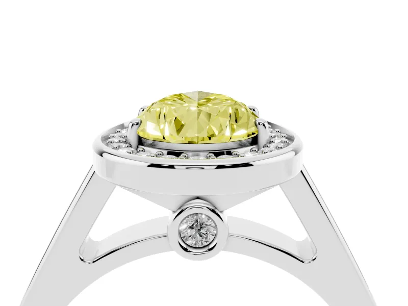 Fancy Yellow Pear Cut Diamond Halo Solitaire Ring Set in Platinum with Pavé Band and Bezel Setting