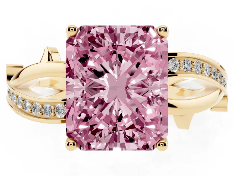 Fancy Pink Radiant Cut Diamond Pavé Twist Band Solitaire Ring Set in Yellow gold with Prong Setting