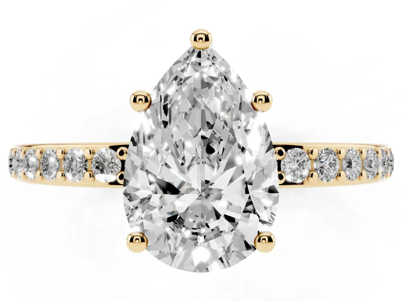 Pear Cut Diamond Pavé Band Ring Set in Yellow gold with Prong-Set Center Stone
