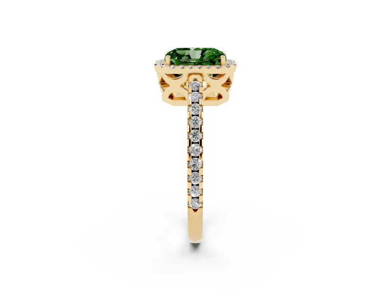 Radiant Cut Pave Halo Engagement Ring Setting for a Fancy Green Lab-Grown Diamond | Yellow Gold