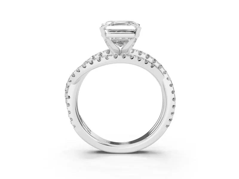 Asscher Cut Diamond Solitaire Twist Band Ring Set in White gold with Pavé Setting and Prong Head