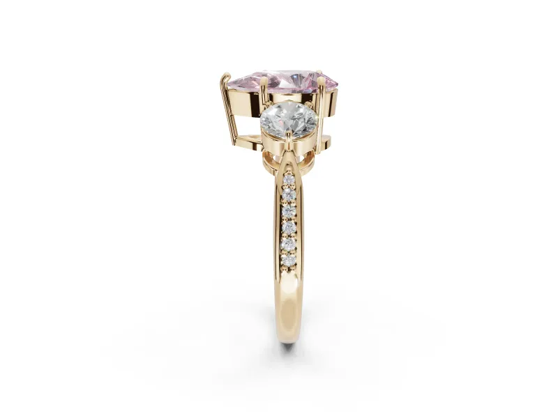 Pear-Shaped Three Stone Engagement Ring Setting for a Fancy Pink Lab-Grown Diamond | Tapered Pave Band | Yellow Gold