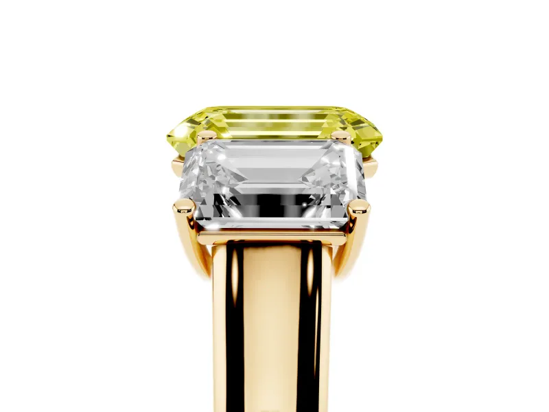 Emerald Cut Three Stone Engagement Ring Setting for a Fancy Yellow Lab-Grown Diamond | Basket Prong Heads | Yellow Gold