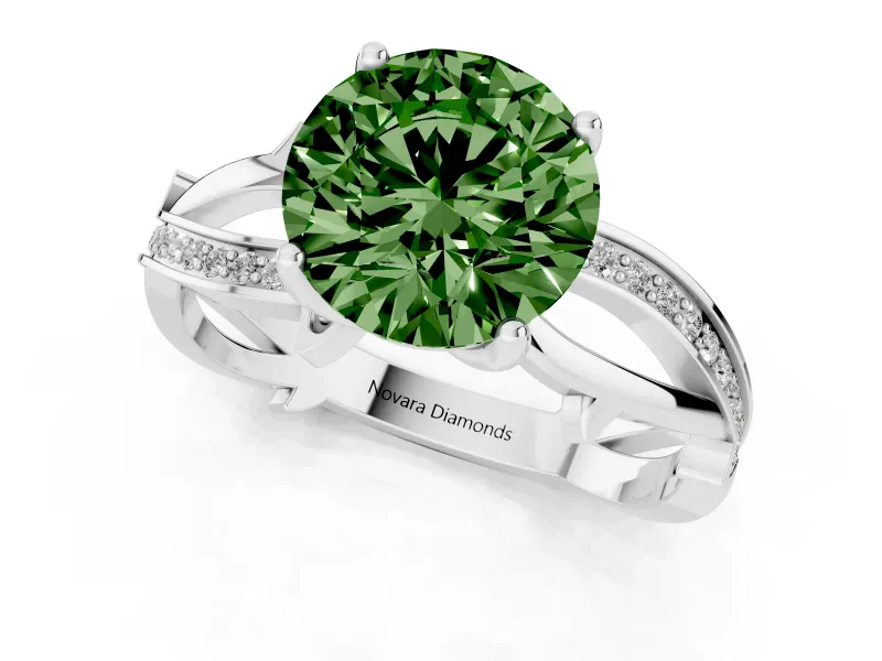 Fancy Green Round Cut Diamond Pavé Twist Band Solitaire Ring Set in Platinum with Prong Setting