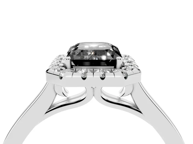 Fancy Black Emerald Cut Halo Round Diamond Solitaire Ring Set in Platinum with Pavé Band and Prong Setting