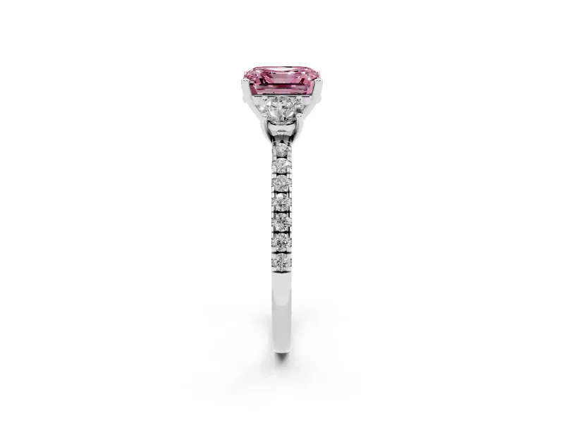 Asscher Cut Three Stone Engagement Ring Setting for a Fancy Pink Lab-Grown Diamond | Pave Shoulders | Platinum