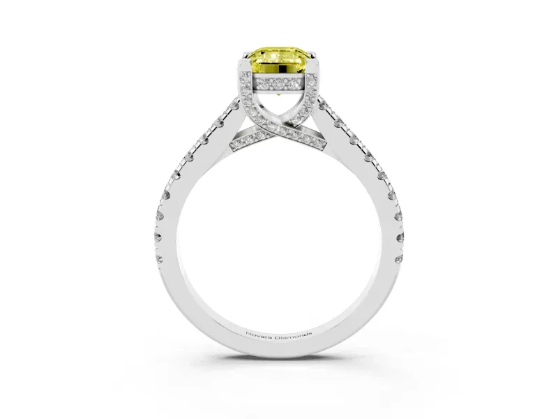 Emerald Cut Hidden Halo Pave Engagement Ring Setting for a Fancy Yellow Lab-Grown Diamond | Claw Prongs | White Gold