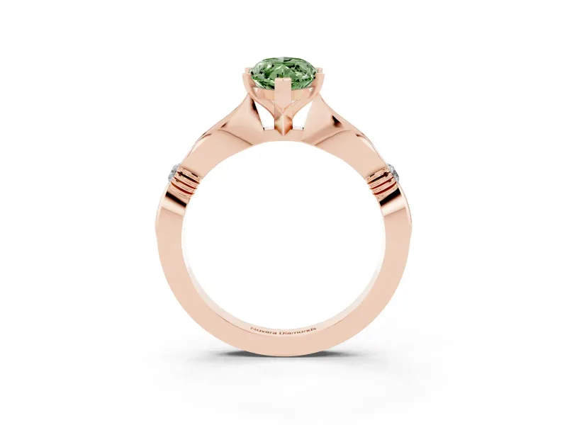 Fancy Green Marquise Cut Diamond Solitaire Twisted Band Ring Set in Rose gold with Accent Stones and Prong Setting