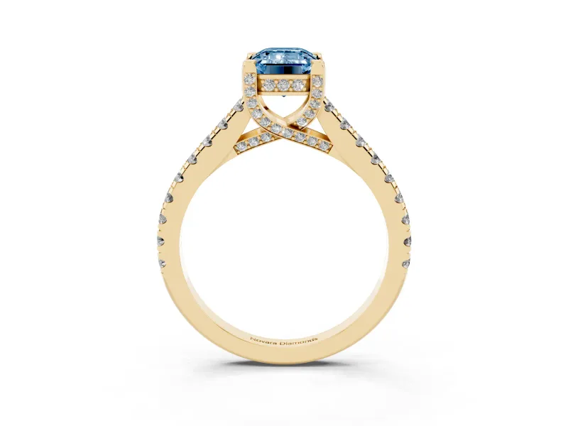 Emerald Cut Hidden Halo Pave Engagement Ring Setting for a Fancy Blue Lab-Grown Diamond | Claw Prongs | Yellow Gold