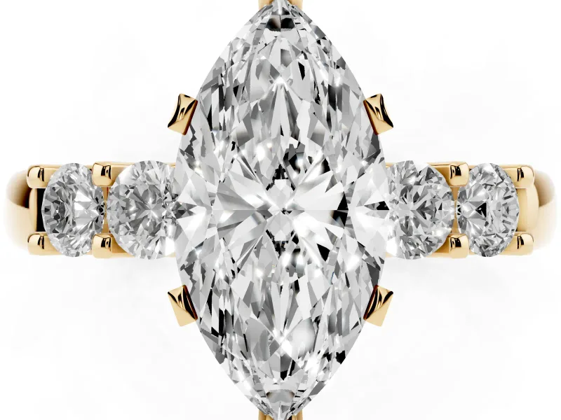 Marquise Cut Diamond Five-Stone Prong Set Engagement Ring Set in Yellow gold with Channel Band