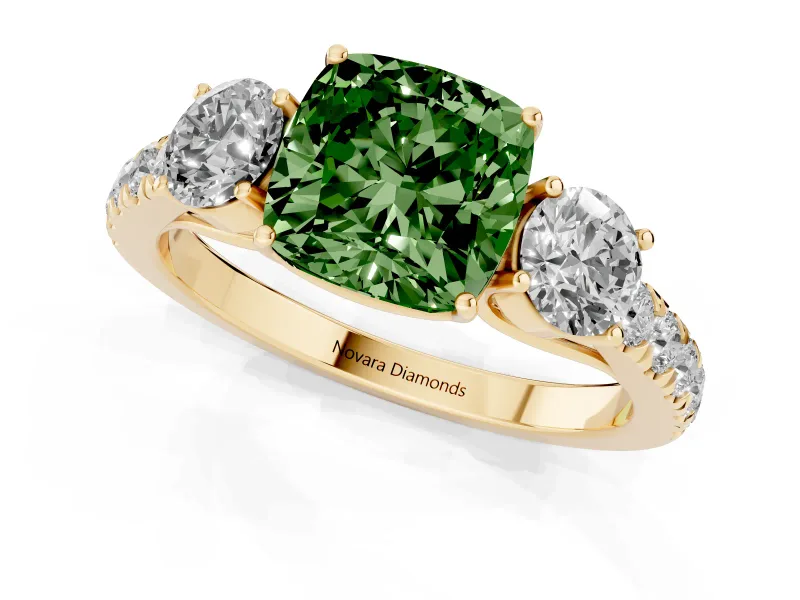 Fancy Green Cushion Cut Diamond Three-Stone Ring Set in Yellow gold with Round Side Stones and Delicate Pavé Band