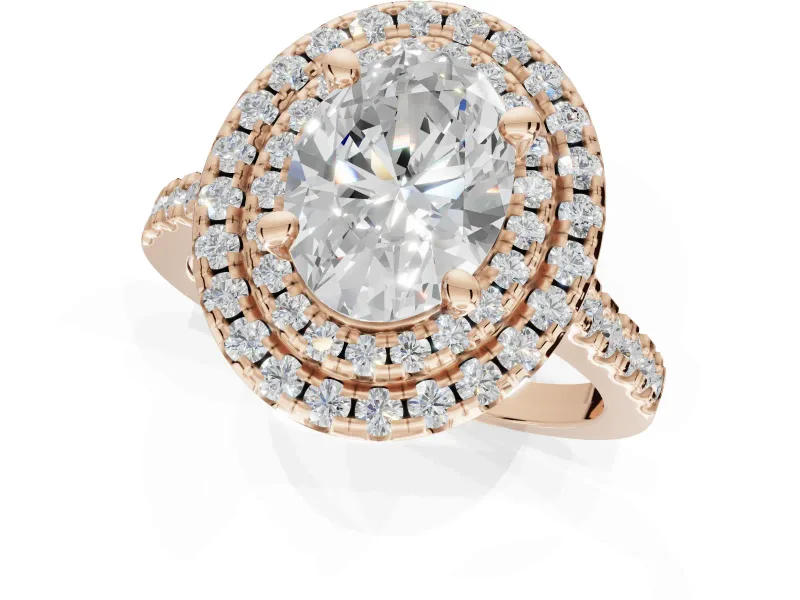 Oval Lab-Grown Diamond Double Halo Statement Ring Set in Rose Gold with Pavé Band