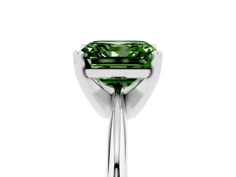 Fancy Green Asscher Cut Diamond Solitaire Ring Set in Silver with Prong Setting on a Plain Round Band
