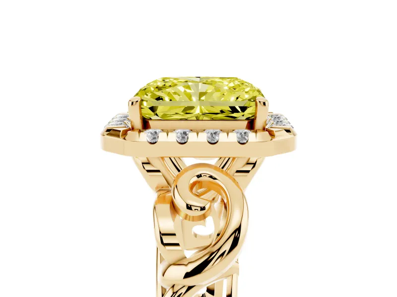 Fancy Yellow Radiant Cut Diamond Halo Ring Set in Yellow gold with Scrollwork Band and Prong Setting