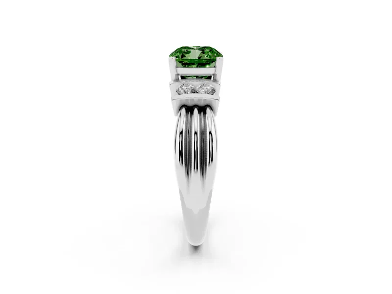 Fancy Green Three-Stone Cushion Cut Diamond Channel Set Ring Set in White gold with Bar Prongs