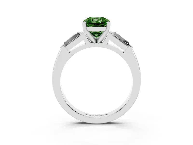 Fancy Green Radiant Cut Diamond Solitaire Ring Set in Silver with Tapered Baguette Side Stones and Prong Setting