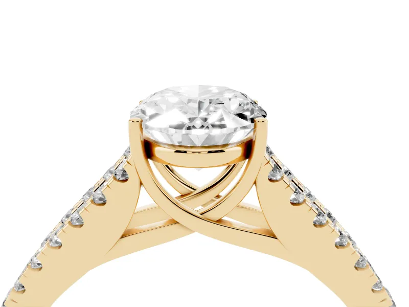 Oval Graduated Pave Split Shank Engagement Ring Setting | V Split Shoulders | Yellow Gold
