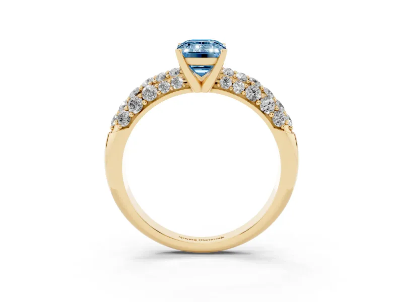 Emerald Cut Multi Row Pave Engagement Ring Setting for a Fancy Blue Lab-Grown Diamond | Yellow Gold