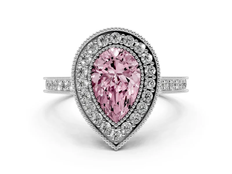 Fancy Pink Pear Cut Diamond Halo Milgrain Pavé Band Ring Set in Platinum with Prong Setting
