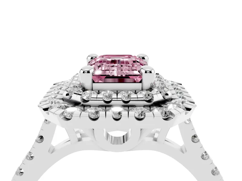 Fancy Pink Emerald Cut Diamond Double Halo Statement Ring Set in Platinum with Pavé Band