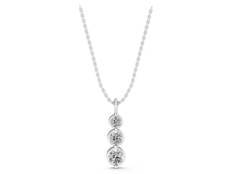Round Lab-Grown Diamond Three-Stone Drop Pendant Necklace | Linked Cup Settings | Sterling Silver