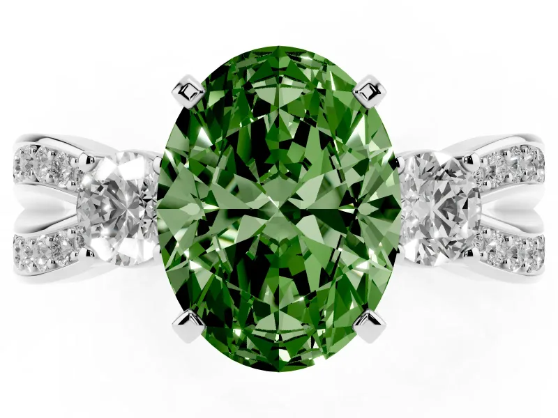 Fancy Green Three-Stone Oval Cut Diamond Twist Band Ring Set in White gold with Pavé Accents and Prong Setting