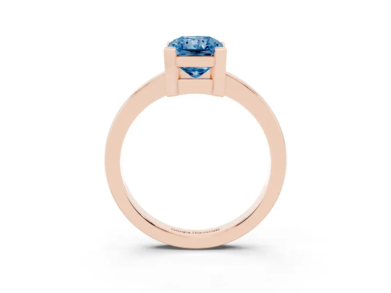 Fancy Blue Radiant Cut Diamond Solitaire Ring Set in Rose gold with Prong Head and Smooth Polished Band